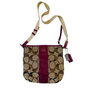 Coach Signature Crossbody Bag Khaki Fuchsia Pink Canvas Leather Trim Style 13808